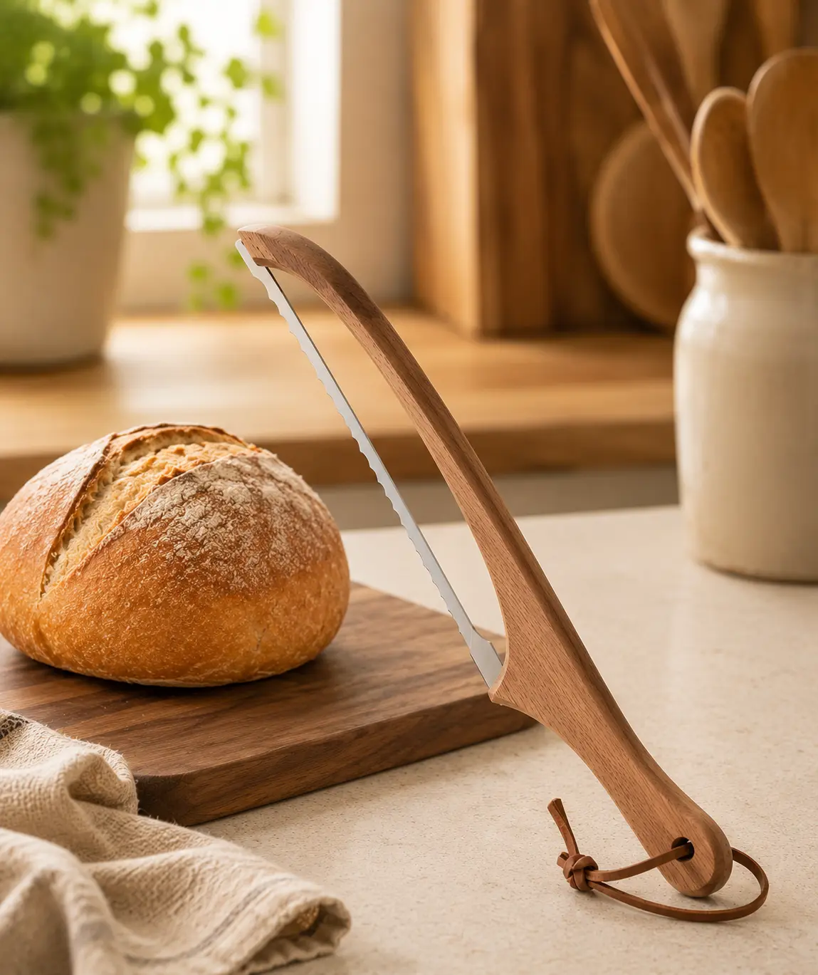 Premium Stainless Steel Blade Wooden Bread Slicer - Ergonomic Handle, Adjustable for Smooth Even Cuts, Specialty Kitchen Utensil for Artisan Bread, Pastry