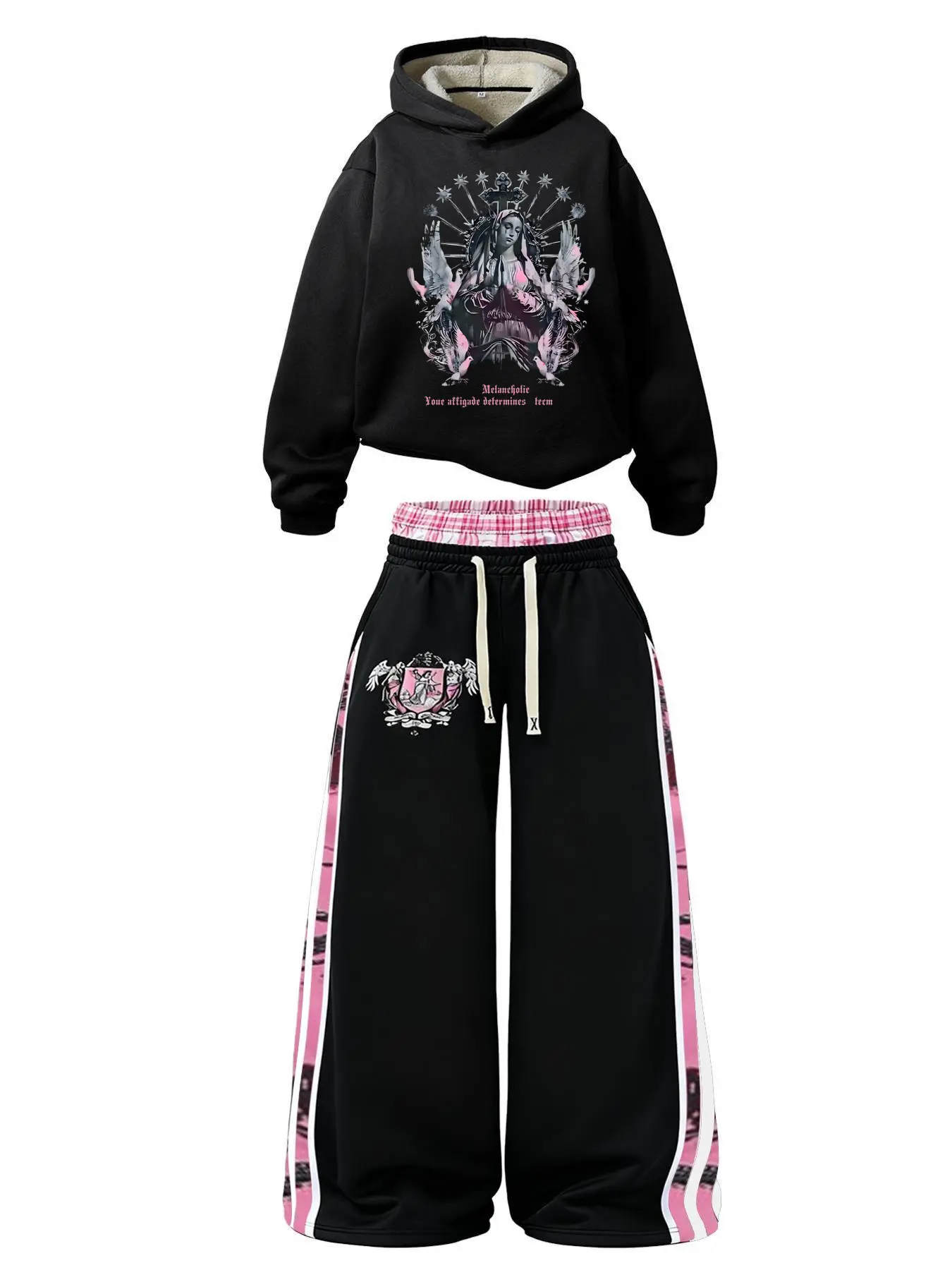 Men Women Fall Winter Sports Set Hoodie Faux Two-Piece Wide Leg Pants, Lamb Fur Lined Angel Print Streetwear Graphic Tracksuit, Athleisure Wear, High-End Gym Outdoor School Streetwear Athleisure Sportswear Set Tracksuit Set, Athleisure Tracksuit Sets