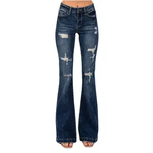 Madison Vogatiques Mid Rise Ripped Flare Jeans with Wide Leg and Bootcut Design Bell Bottom Denim Pants GP3003M Casual Cotton Good Fitting Tall Girl Outfit Distressed Tummy Control BBL