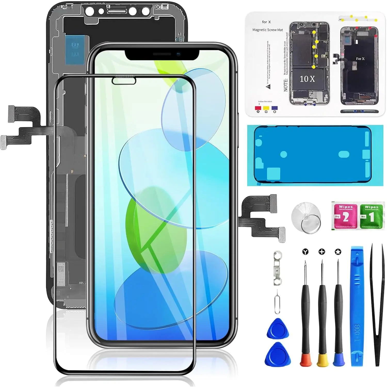 for iPhone X Screen Replacement 5.8 inch,  Front LCD Digitizer Display for iPhone 10/X with 3D Touch & Face ID for A1865,A1901,A1902 with Waterproof Adhesive+Tempered Glass+Repair Tools