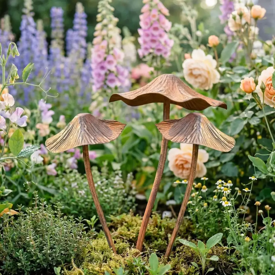 Cottagecore 3-Piece Rustic Bronze Metal Mushroom Garden Stakes, Weather-Resistant Vintage Yard Art Sculptures, Decorative Ornaments for Lawn, Flower Bed Outdoor Gifting