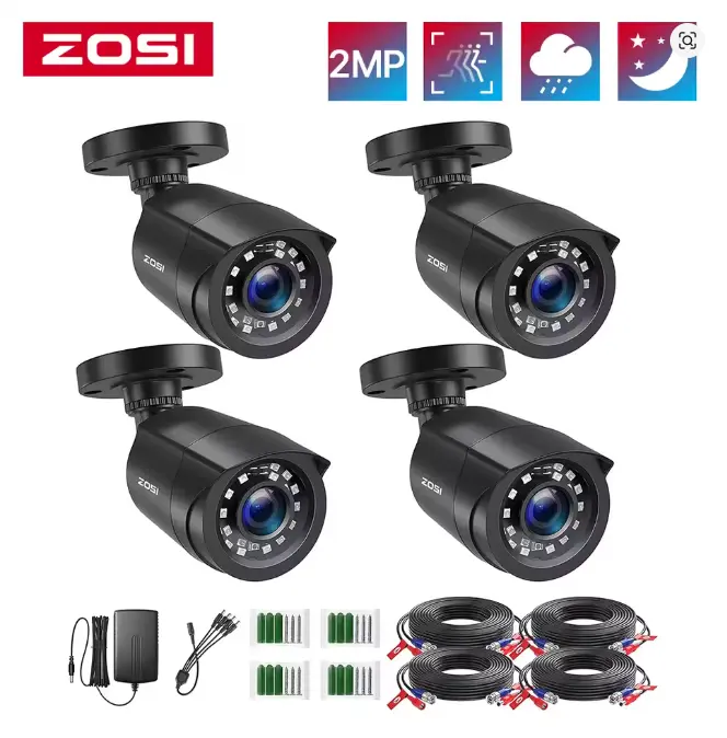 ZOSI 4-Pack 1080P HD Wired TVI Digital Safety Cameras - Waterproof Metal Bullet Type, Indoor/Outdoor Use, Durable Aluminium Build, Fixed Lens, Night Vision, Plug-In for Analog CCTV DVR with Hard Drive Storage