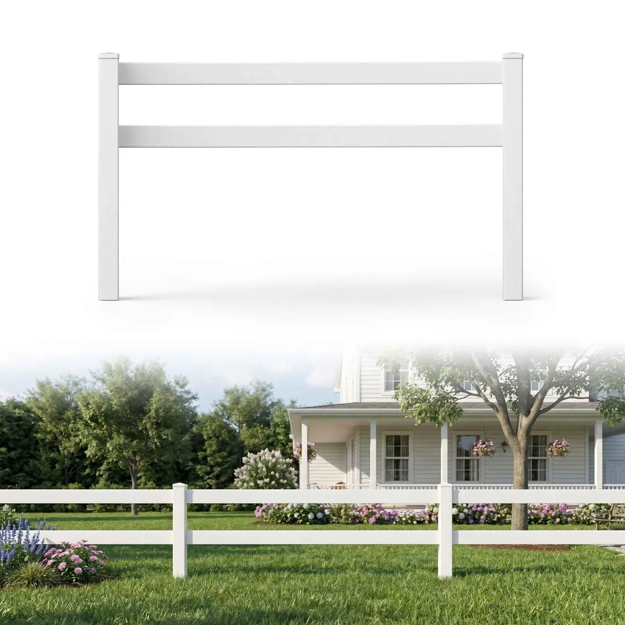 Fencer Wire 2-Rail Vinyl Ranch Fence Kit, 3ft H x 48ft W, White PVC Fence System with 5ft Posts & 8ft Rails, UV-Resistant, Easy Installation, Durable Outdoor Fencing for Ranch, Yard & Farm