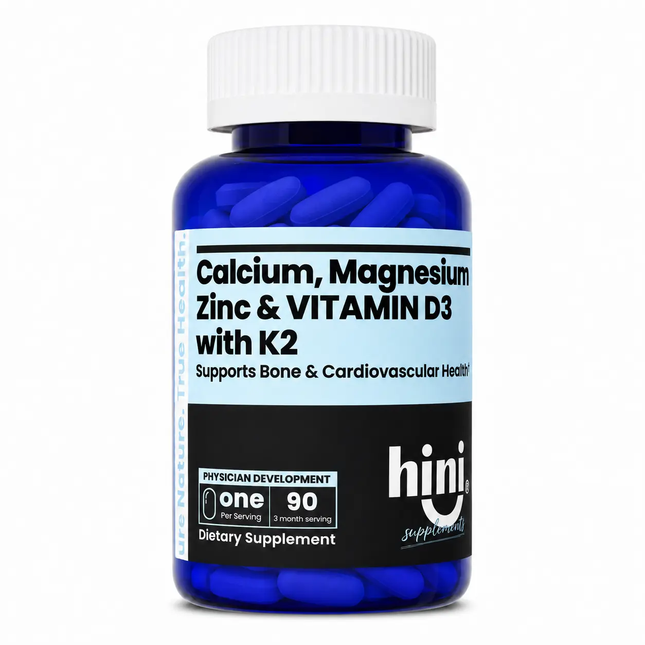 Hini Calcium Magnesium Zinc D3 with K2 Tablets (90 Count, 3 Month Supply) - Bone, Heart & Joint Support Supplement - Ca 400mg, Mg 200mg, Zinc 12mg, Vitamin D3 1000IU, K2 MK-7 - Non-GMO, Physician Developed Magnesium Complex Bone Health