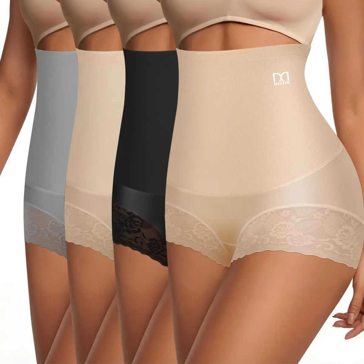 4-Piece Elegant High-Waisted Tummy Control Panties, Sexy Lace Boxer Briefs, Hip Lifting, Full Coverage, Soft, Breathable, Skin-Friendly Shaping Womenswear Panties, Sizes S-XXL