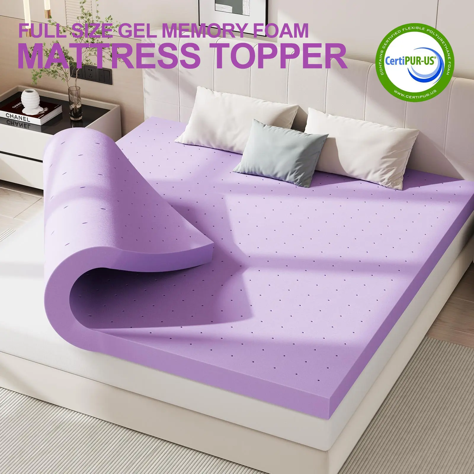 【Deal】Sweetcrispy Full-Size Cooling Gel Memory Foam Mattress Topper, Breathable Camping Sleeping Gear for Bedroom & Dorm Room, Cooling Mattress Topper, Bed, Polyurethane Foam, High Density, Ergo Shape, Unisex