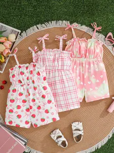 Three-Piece Baby Girl Romper Set, Baby Girl Clothes, Tie-Dye Heart, Grid and Strawberry Pattern, Perfect for Summer and Valentine's Day, Daily Wear