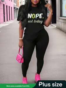 【Plus Size】 Two-piece Set Letter Print Tee & Pants Set, Casual Short Sleeve T-shirt & Trousers, Women's Outfits for Spring & Summer