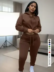 Casual Basic Plain Drawstring Hoodie Sweatshirt Outfit Set, Fitted Regular Length, Moderate Knit Fabric, Fall & Winter Wear, Women's Clothing