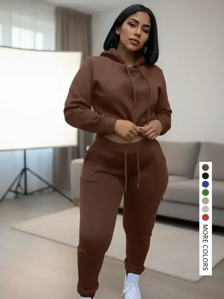 Casual Basic Plain Drawstring Hoodie Sweatshirt Outfit Set, Casual Loungewear Set, Fitted Regular Length, Moderate Knit Fabric, Fall & Winter Wear, Women's Clothing, Long Sleeve