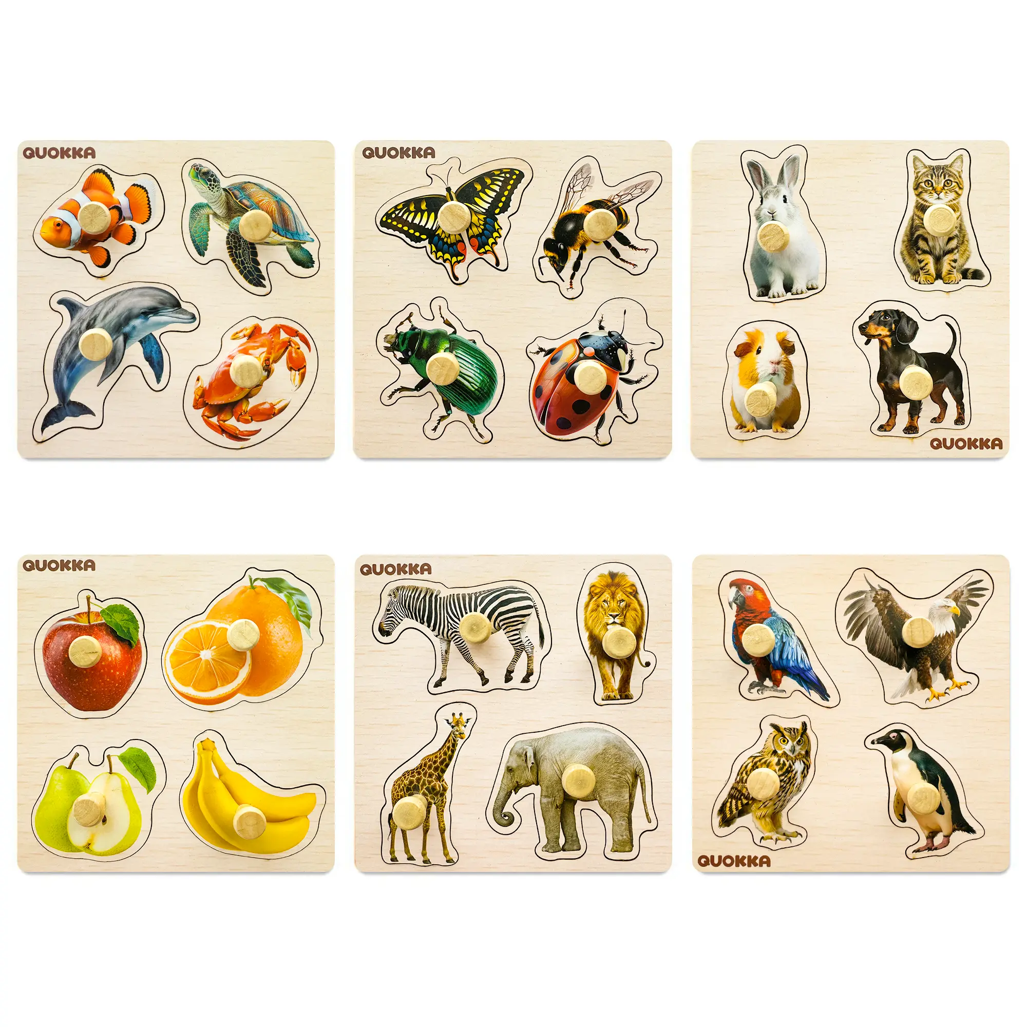 QUOKKA 6-Set Real Wood Peg Jigsaw Puzzles for 1-3 Year Old Beginner Toddlers - Vibrant, Waterproof, 5.9 x 5.9 inches, Animal, Fruit, Insect Themes, Puzzle Wooden Jigsaws