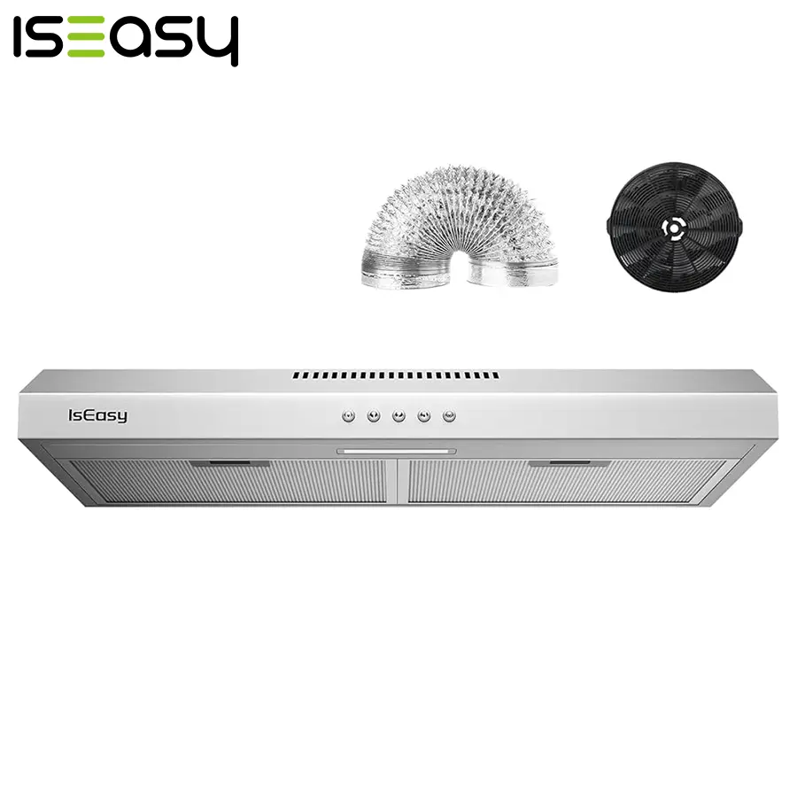 IsEasy 30-Inch Durable Under-Cabinet Wall Mount Slim Range Hood for Condos, Convertible Ducted/Ductless Vents, 3-Speed Exhaust Fan, Stainless Steel, LED Light, Easy-Swap Detachable Charcoal Filter, Grease Trap, User-Friendly Kitchen Appliance