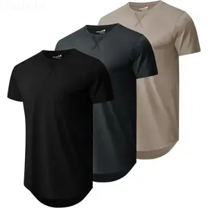 Mens 3 Pack Plain Cotton Shirts Short Sleeve Casual Crew Neck T-Shirts Hipster Hip Hop Longline Tees Drop Cut Curved Hem (Raincoats)
