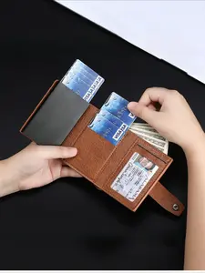 Men's Wallet Automatic Pop-up Card Holder Metal Aluminum Shell Slim Tri-fold Credit Card Case with Snap Closure New Design