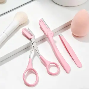 3PCS Stainless Steel Eyebrow Grooming Set with Tweezers, Comb, Scissors & Trimmer, Professional Precision Beauty Tools, Pink