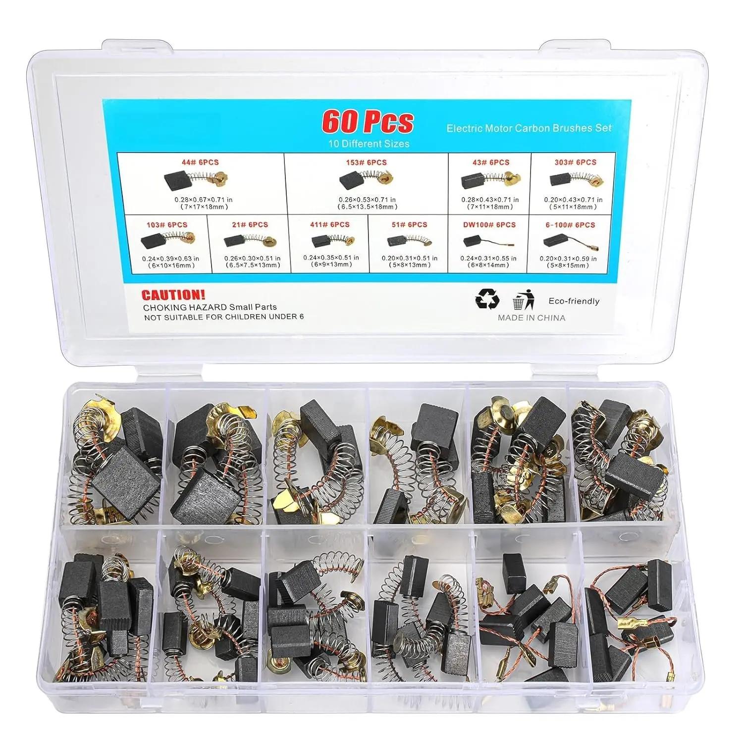 Durable 60-Count Electric Carbon Brushes Set, 10 Assorted Sizes Graphite & Copper Replacements for Power Tools, Drills, Grinders