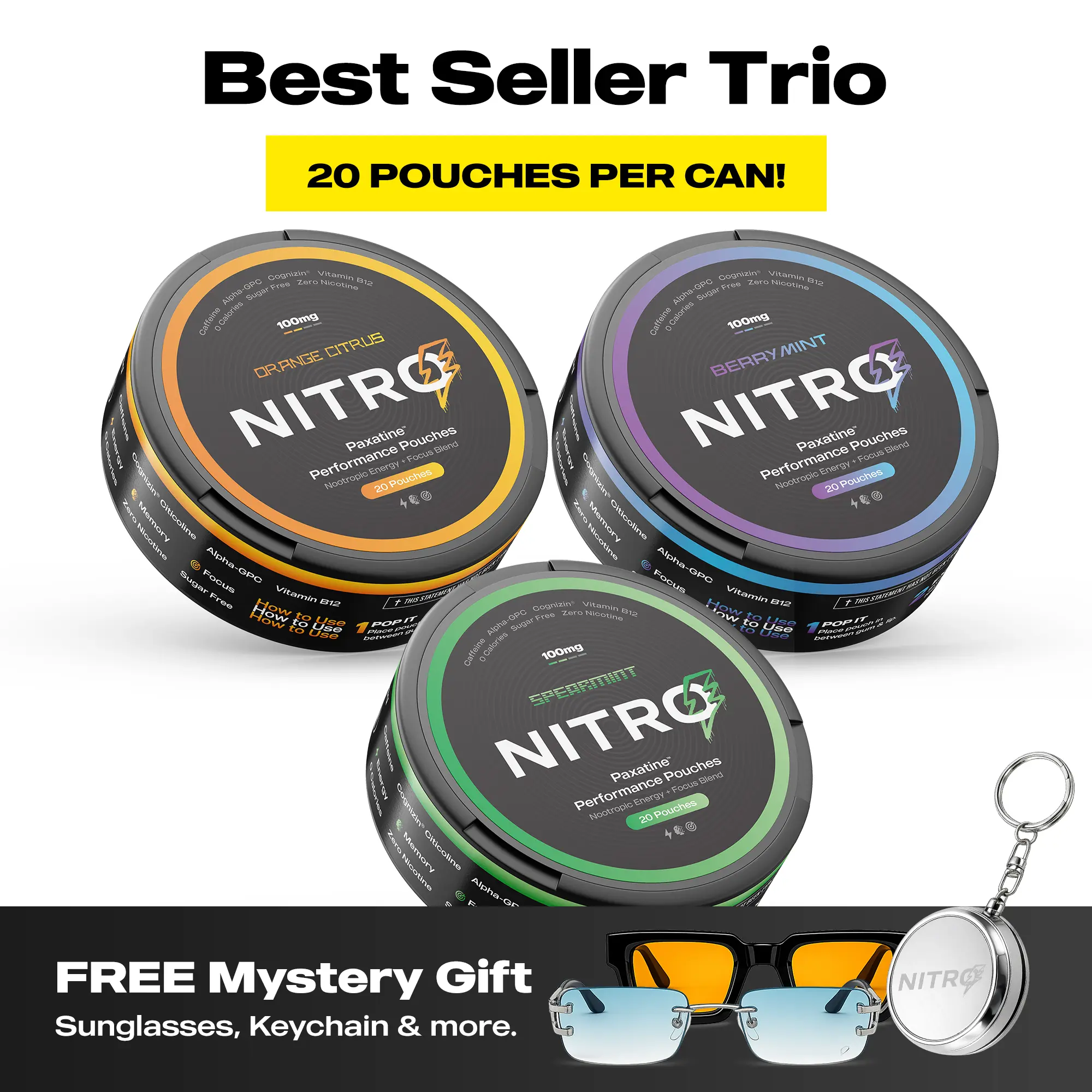 Nitro Nootropic Energy Pouches - Energy + Focus Pouches - 100mg Caffeine, Alpha GPC, Cognizin Citicoline, L-Theanine, Vitamin B12 - No Sugar, Nicotine-Free - 20 Pouches Per Can - 3 Pack - Spearmint – Berry Mint – Orange Citrus