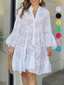 Plain Eyelet Embroidery Notched Neck Long Sleeve Smock Dress, Elegant Flounce Sleeve Button Dress for Casual Vacation Holiday, Women's Clothes for All Seasons