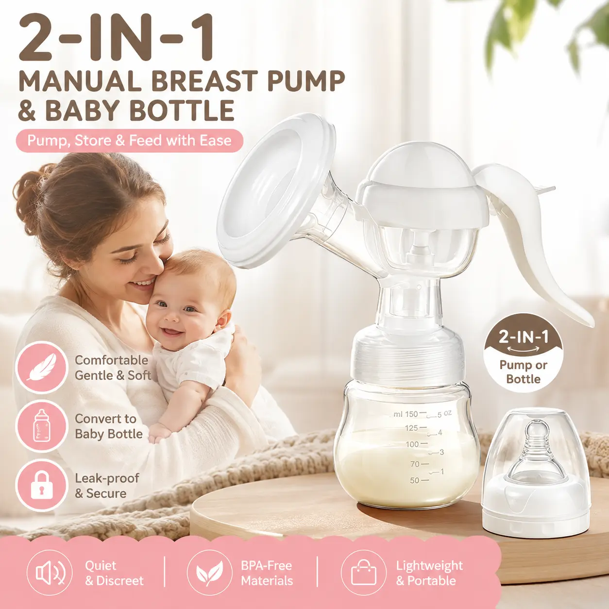 2-in-1 Manual Breast Pump & Baby Bottle – Pump, Store & Feed in One, Portable Breast Pump for Moms, Travel Formula Collector and Feeder
