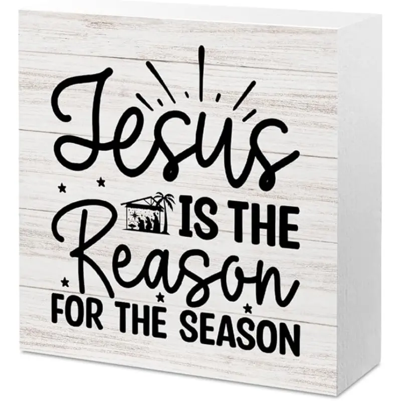 Christmas Decor Christmas Wooden Sign Christian Desk Decor Christmas Decorations Home Office Desk Table Cubicle Shelf Decor Jesus Is The Reason for The Season Sign 5 x 5 inch