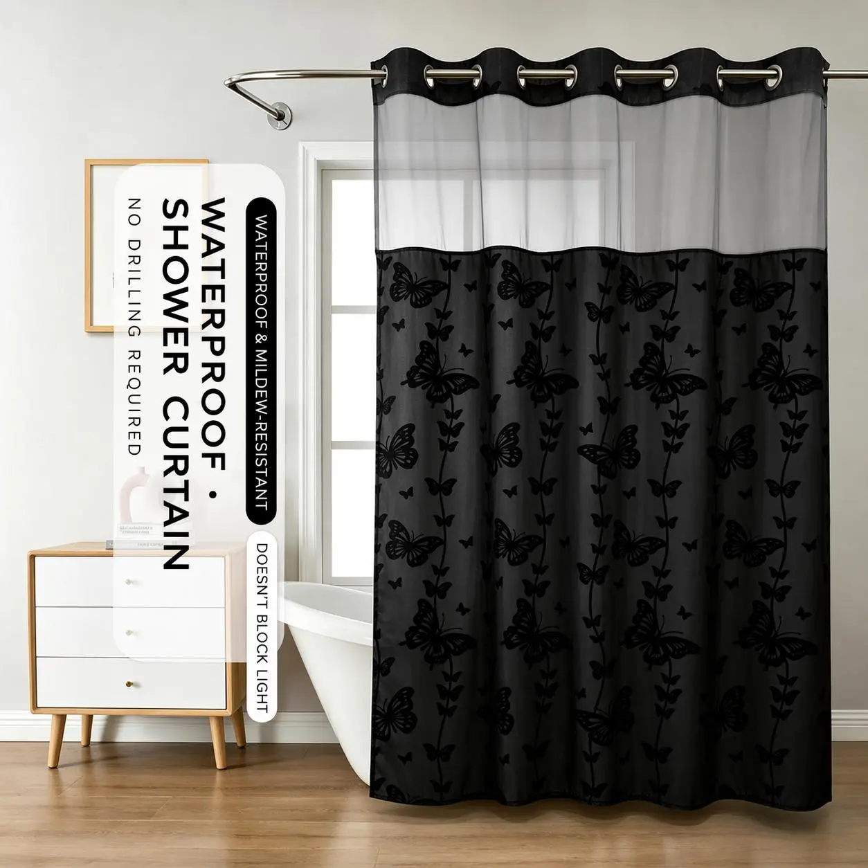 Black Hook-Free Double-Layer Butterfly Flocked Shower Curtain with Mesh Top Window | No-Drill Installation | Easy Setup for Airbnb, Hotel & Modern Home Décor | 71 × 74 in