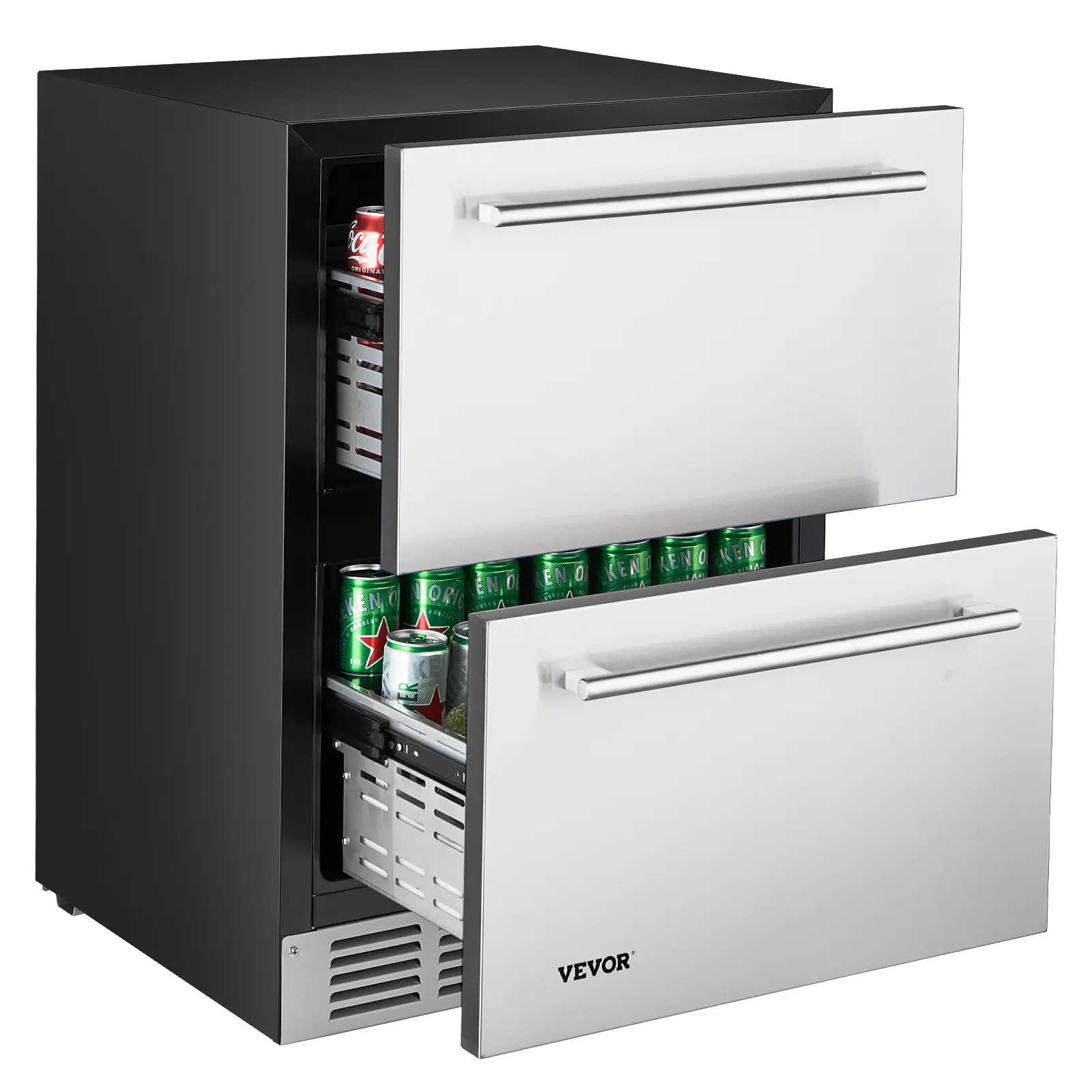 VEVOR 24-Inch Under Counter Dual Drawer Refrigerator, Stainless Steel Beverage Mini Fridge with Temperature Control, Powerful Compressor & LED Display, Ideal for Garage, Living Room, Basement, Beverage Refrigerator, Mini Refrigerators