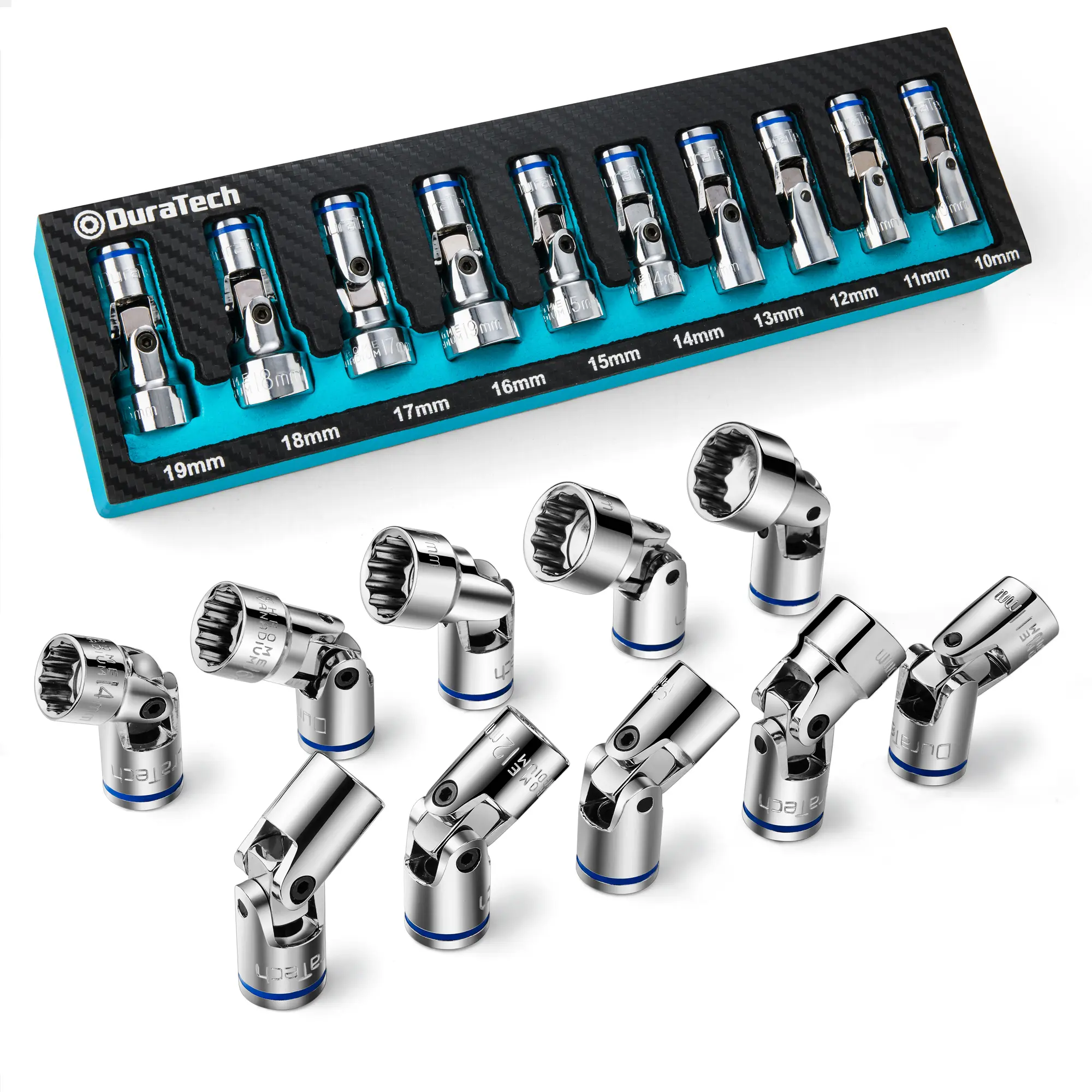 #fathersdaygift DURATECH 3/8" Drive Universal Joint Socket Set, Swivel Socket Set, 10-Piece, Metric, Size Covers 10-19mm, CR-V Steel, Organized in EVA Foam
