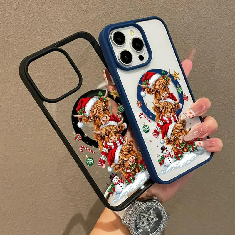 Christmas Highland Cow Pattern Magnetic Acrylic MagSafe Phone Case for iPhone 11-17, Pro Max, Plus, Air - Handheld Durable Shockproof Protection Accessory for Devices, Supports Wireless Charging, Holiday Gift, Accessories