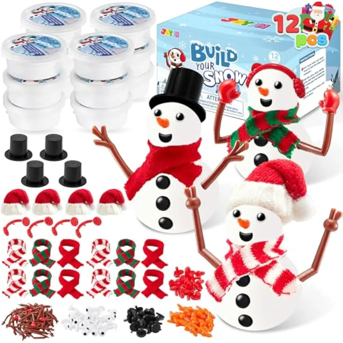 JOYIN Christmas Build a Snowman Craft Kit, 12 Pack Modeling Clay DIY Make a Snowman Kit for Christmas Arts and Craft Activities, Xmas Gift Stocking Stuffers for Kids, School Funny Toy Party Favor