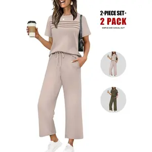 Women's Two Piece Summer Set, Casual Loose-Fit Short Sleeve Suit, Wide Leg Crop Pants, Ideal for Vacation & Travel