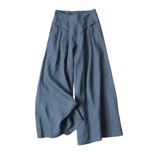 Tanming Women's Lady Minimalist Basic Cotton-Linen Wide-Leg Culottes Pants - Elastic Waist, Casual Bottom, Capri Length, with Pockets