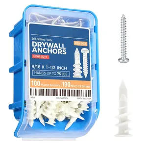 200 count Self Drilling Drywall Anchors Kit - 75LB Heavy Duty Plastic Drywall Hangers with 100 Self-Tapping Screws - Mounting Hardware for Sheetrock Anchors