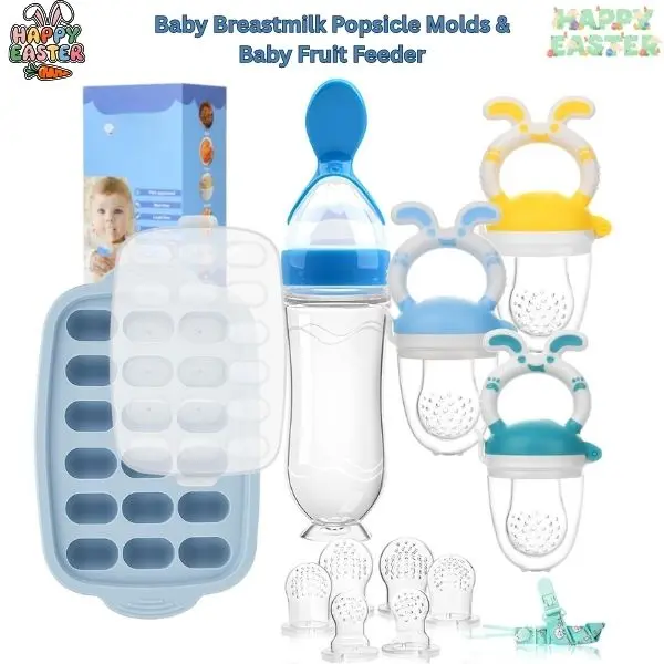 Silicone Baby Breastmilk Popsicle Molds & Fruit Feeder Set - Baby Accessories, Freezer-Safe Tray, Infant Food Storage Containers, Pacifier Feeder, Teether, Easter Bunny Gift for Infants