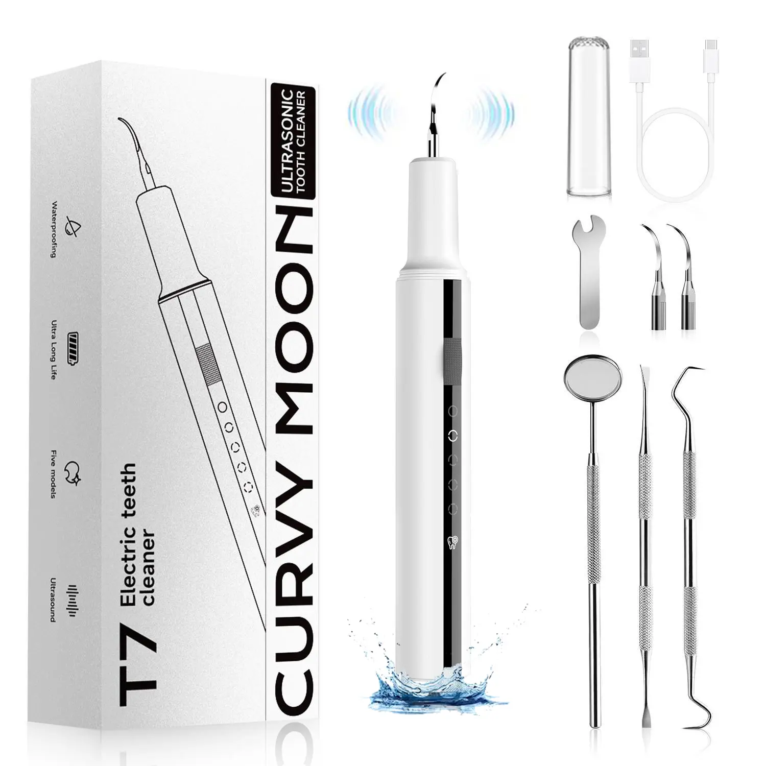 CURVY MOON Plaque/Tartarum Remover, Dental Tartar Remover, Teeth Cleaning Kit with LED Light, Oral Care, Oral Cleaning Ultrasonic Scaler