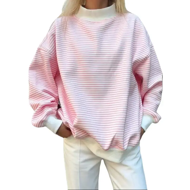 Women's Fall Winter Sweatshirt, Striped Long Sleeve, Loose-Fit Sporty Top, Casual Streetwear, Home & Office Wear, Youthful Style