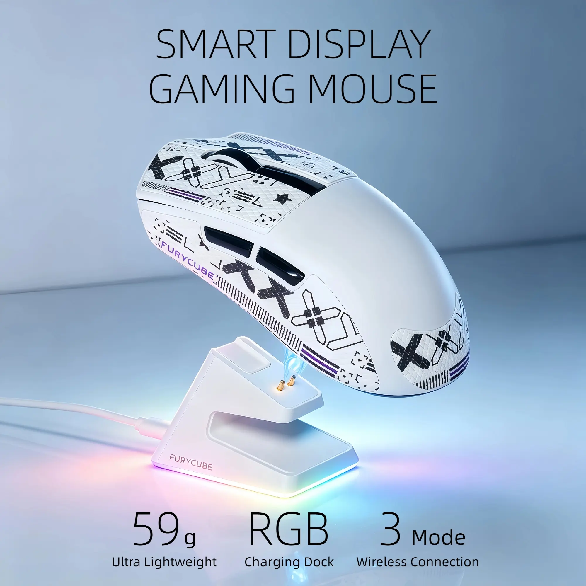 Wireless Gaming Mouse with Low Latency, RGB Charging Dock, Smart Display Screen, 59g Lightweight Design, 12000 DPI Sensor, Tri-Mode Bluetooth-2.4G-USB-C, Cute Aesthetic Desk Accessory for PC Gamers