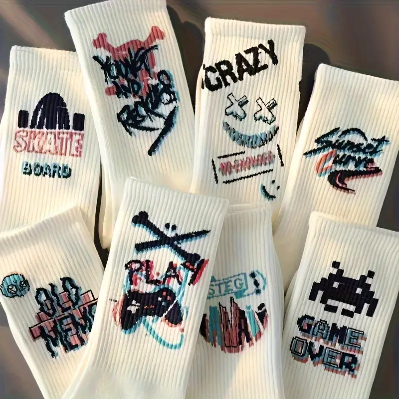 8 Pairs of Vibrant Graffiti Crew Socks - Soft Polyester Blend, Stretchy Spandex, Geometric Patterns, Knit Fabric, Street Style for Skateboarding, Basketball, and Everyday Wear