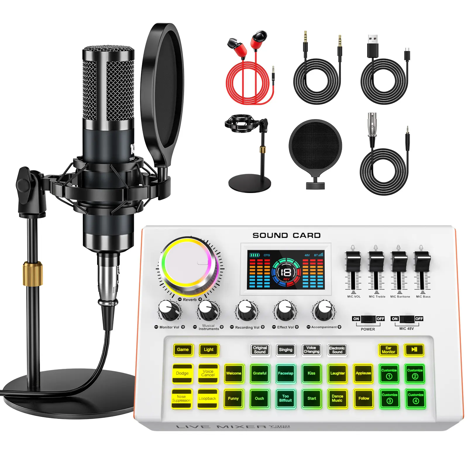 Tenlamp Y300-P15 Mixer, Live Sound Card with XLR Microphone Connector, Professional Chipset, 48V Phantom Power Supply, One Touch Noise Reduction, One Touch Voice Change for Podcast,Recording,Vocal,Game Voice