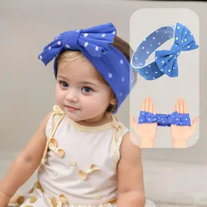 Stretchy Baby Girls Nylon Bows Headbands Polka Dot Turban Hair Bows Knots Tied Elastic Soft Hair Band for Newborn Infant Toddlers Kids (Royal Blue with White Polka Dots A, Standard)