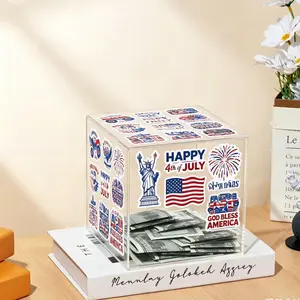 Acrylic Money Box, One Way in Out, Transparent, Independence Day Memorial, Includes Sticker, Kids Savings, Home Supplies