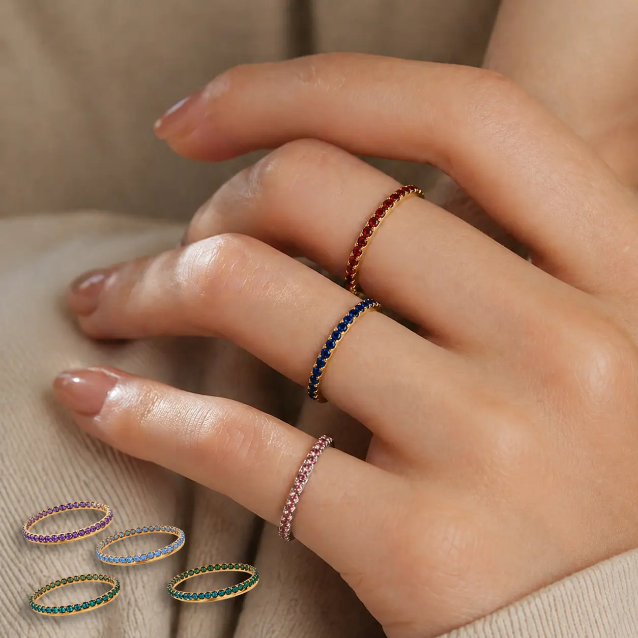 Personalized 12 Months Birthstone Ring for Women Dainty Stackable Colorful Crystal Eternity Band Gold Plated Jewelry Gift