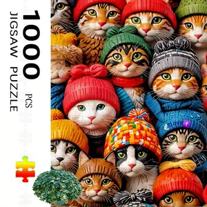 S&H 300/500/1000 Piece Cat Knitted Hat Jigsaw Puzzle - A large, challenging, cat-themed wooden jigsaw puzzle perfect for adults and families, ideal as a DIY gift.