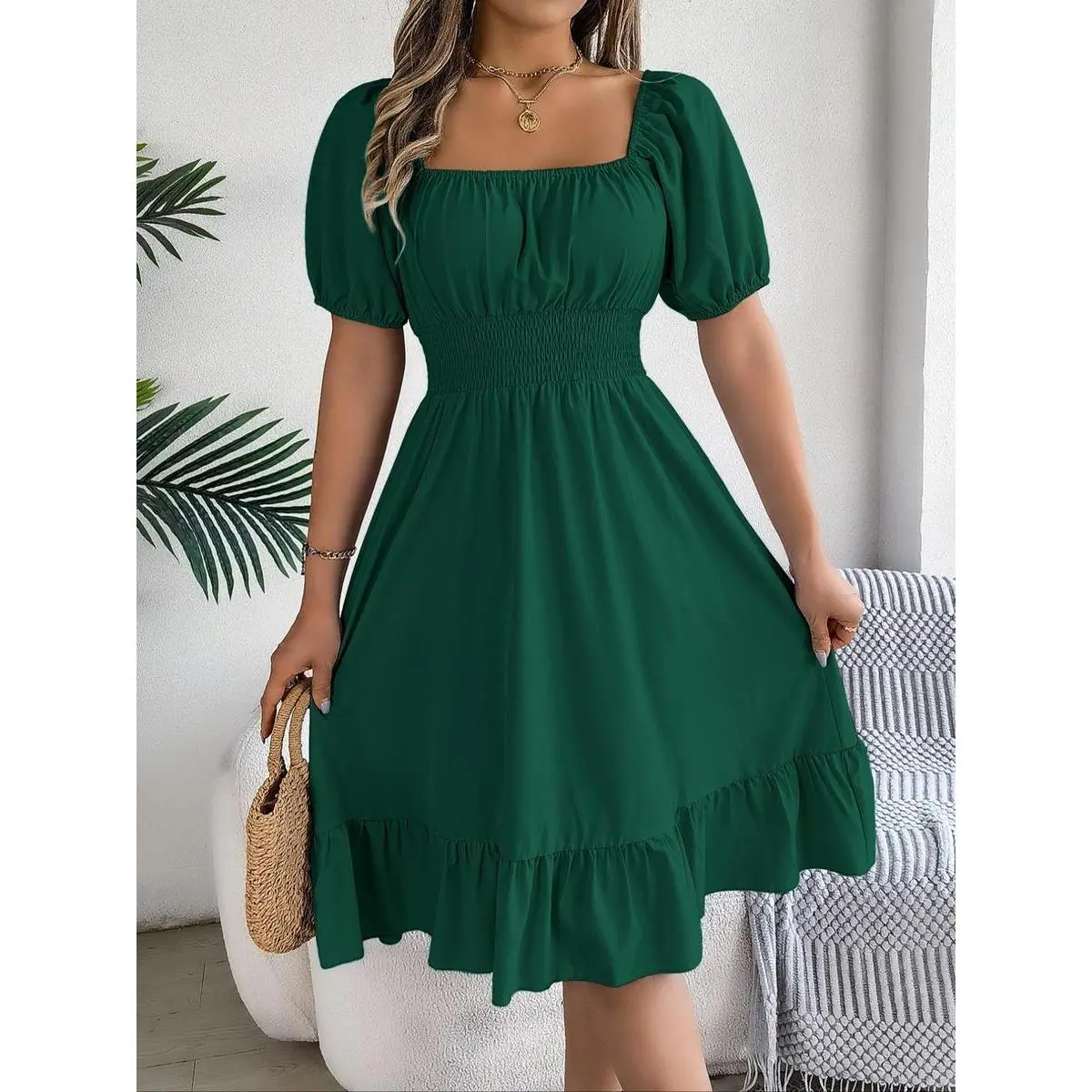 (New)Women's Plain Ruffle Hem Shirred Puff Sleeve A Line Frenchy Style Dress, National Day Clothing, Summer Outfits 2024, Elegant Short Sleeve Square Neck Midi Dress for Summer, Ladies Dress for Beach Holiday