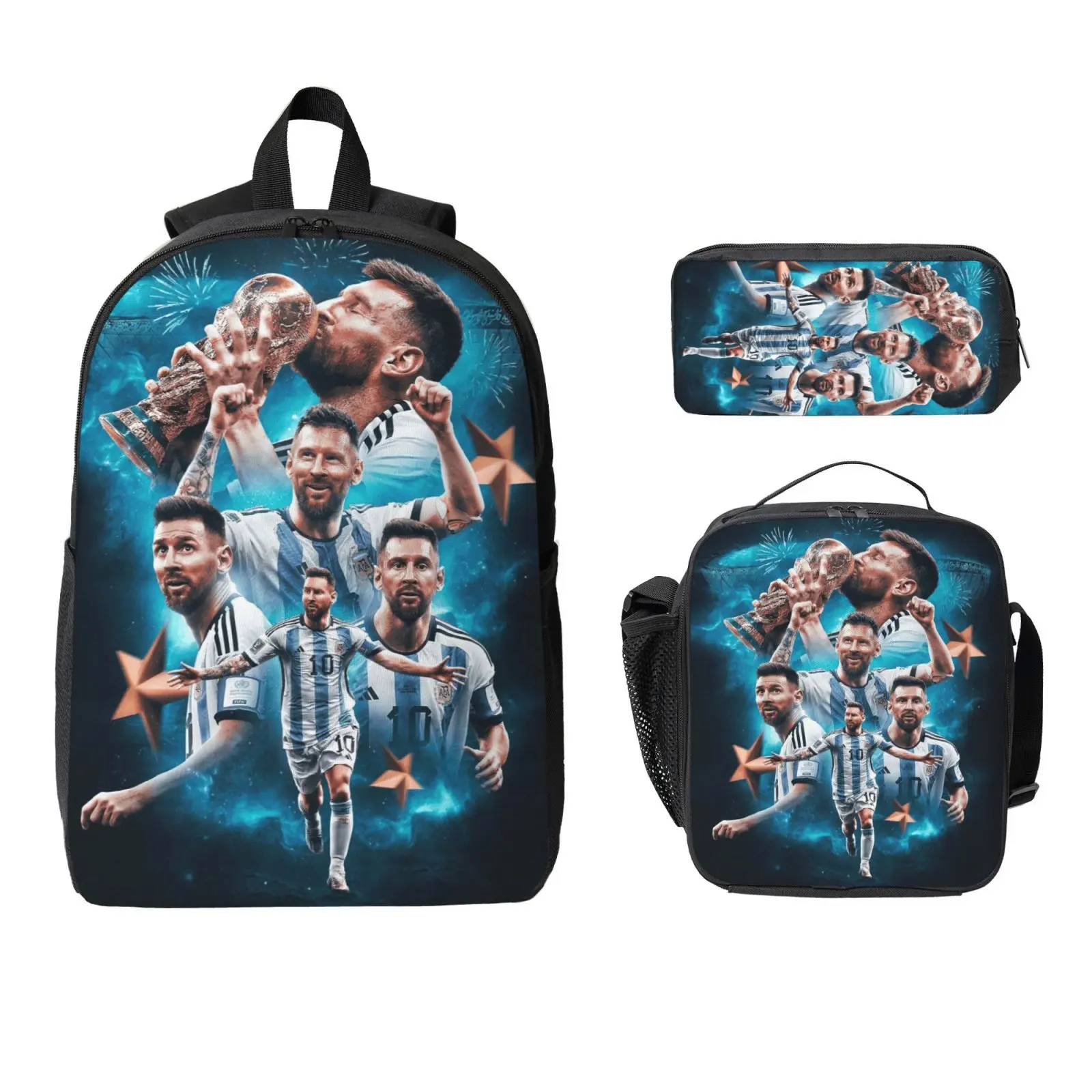 3pcs Messi Backpack Soccer Backpack Set for Men Women Lightweight Laptop Backpack, Lunch Bag and Pencil Case