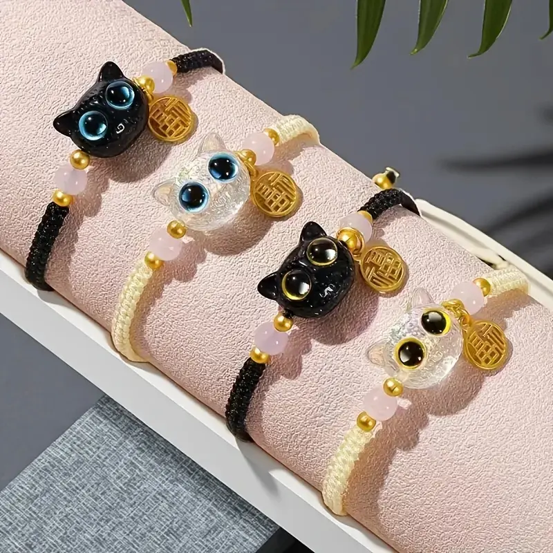 Handmade Cat Eye Lucky Couple Bracelets Set, Matching Bracelets, Fashionable Couple Bracelet, Cute Cat Design, Versatile, Charming, Stackable, Perfect Jewelry Gifts for Girlfriend, Halloween, Christmas, Back-To-School Season