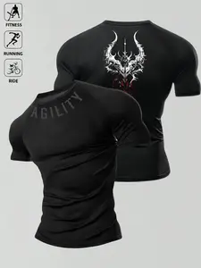 Men's Gothic Dragon Graphic Compression T-Shirt, Muscle Fit Quick Dry Breathable Gym Shirt, 4-Way Stretch Moisture Wicking Workout Top, One Shirt Multiple Ways for Gym, Running, Cycling & Casual Streetwear