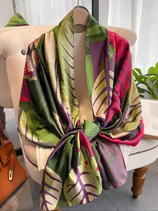 Women's Leaf Print Silk Scarf, Fashionable Soft Lightweight Shawl for Daily Wear, Casual Versatile Boho Style Scarf for Women, Boho Shawl Wrap