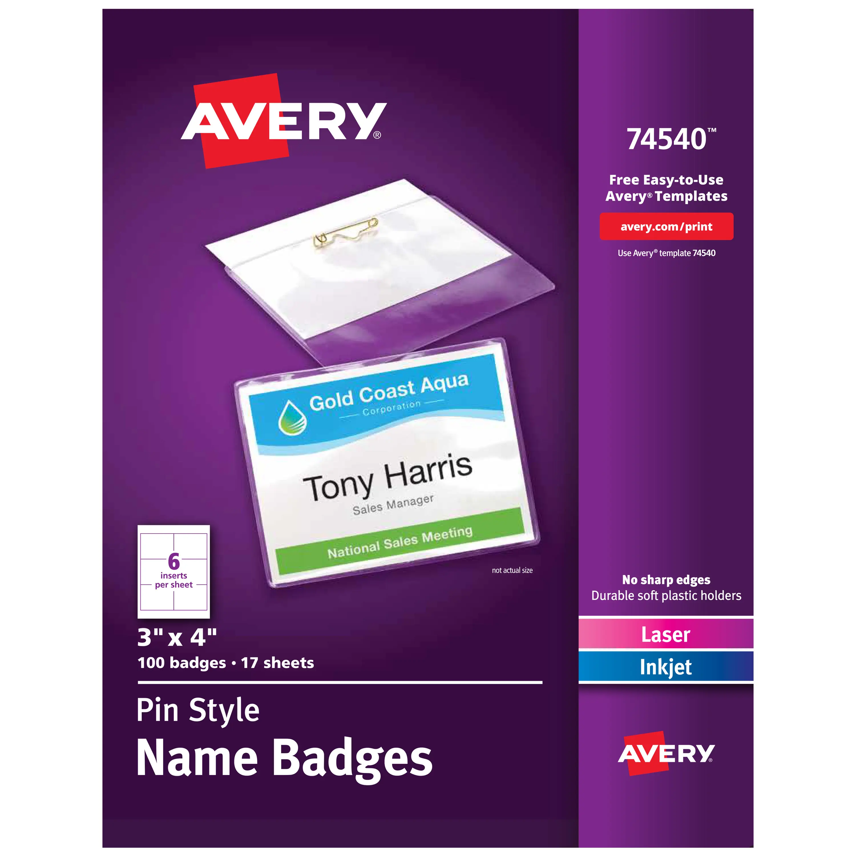 Avery Customizable Name Badges with Pins, 3" x 4", Clear Name Tag Holders with White Printable Inserts, 100 Pin Style Name Badges (74540)