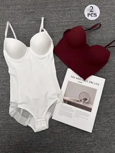 Women's 2-Piece Bodysuit Set, High Compression Bodysuits, High Compression Shapewear, Adjustable Strap Backless Design, Casual All-Season Wear, Comfortable & Stylish Women's Underwear