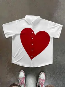 Men's Heart Print Short Sleeve Button Front Shirt, casual button collared, Casual Summer Style, Regular Fit Casual Button Down Top for Summer, Men's Clothes for Daily Wear